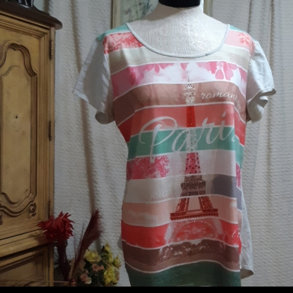 Womens PARIS Tower Tshirt Tops Crew Neck Shortsleeve Tee Med Large Stretchy Tee